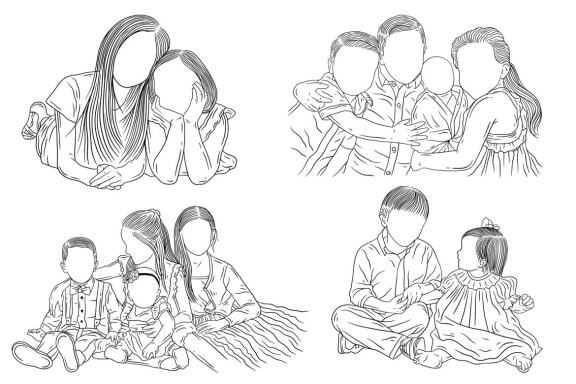 20 Set Bundle Happy Sibling Brother and Sister Kids Child Hand Drawn Line Art