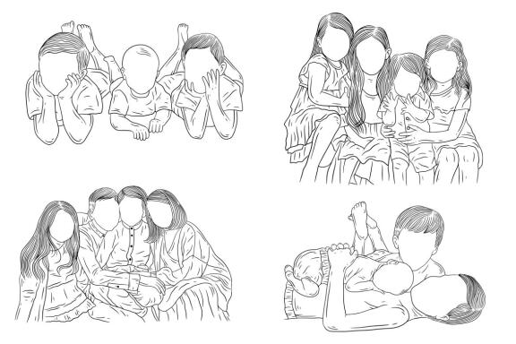 20 Set Bundle Happy Sibling Brother and Sister Kids Child Hand Drawn Line Art