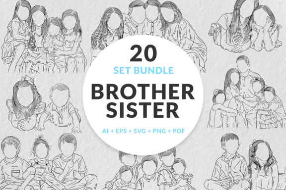 20 Set Bundle Happy Sibling Brother and Sister Kids Child Hand Drawn Line Art