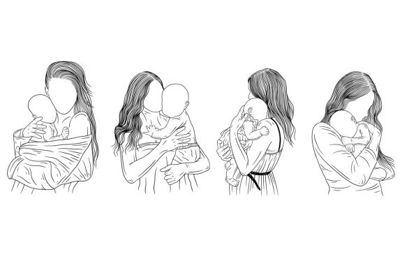 20 Set Bundle Happy Mother and Baby Born Mom Women with Child Hand Drawn Line Art