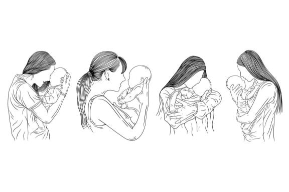 20 Set Bundle Happy Mother and Baby Born Mom Women with Child Hand Drawn Line Art