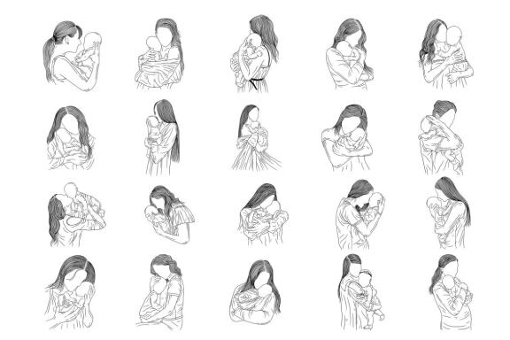 20 Set Bundle Happy Mother and Baby Born Mom Women with Child Hand Drawn Line Art