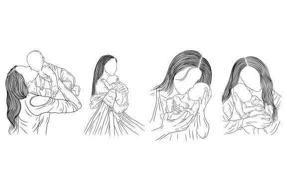 20 Set Bundle Happy Mother and Baby Born Mom Women with Child Hand Drawn Line Art
