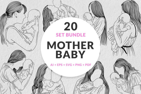 20 Set Bundle Happy Mother and Baby Born Mom Women with Child Hand Drawn Line Art