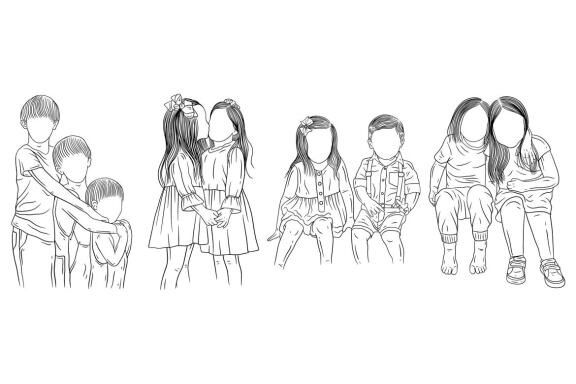 20 Set Bundle Happy Sibling Family daughter and Son Child Hand Drawn Line Art