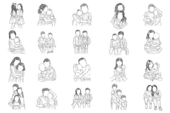 20 Set Bundle Happy Sibling Family daughter and Son Child Hand Drawn Line Art