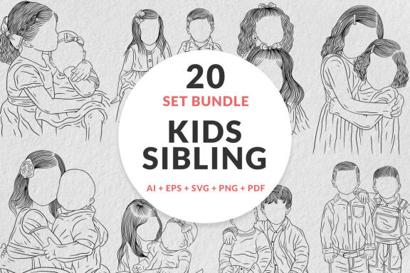 20 Set Bundle Happy Sibling Family daughter and Son Child Hand Drawn Line Art