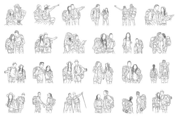 24 Set Bundle Couple Adventure Explore Trip Camping Journey Hand Drawn Line Art