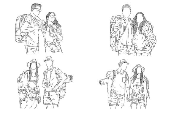 24 Set Bundle Couple Adventure Explore Trip Camping Journey Hand Drawn Line Art
