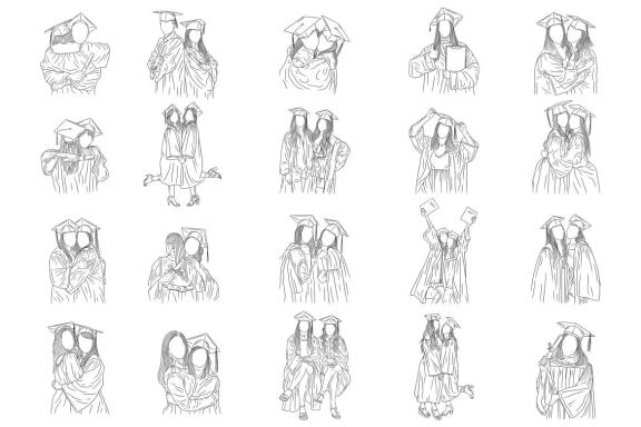 20 Set Bundle Graduation Student University schools Friends Hand Drawn Line Art