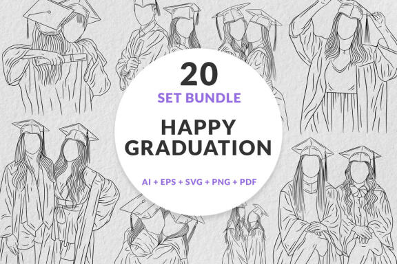 20 Set Bundle Graduation Student University schools Friends Hand Drawn Line Art