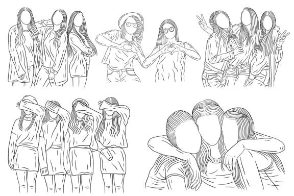 25 Set Bundle Happy Girl Women Friendship Best Friend Hand Drawn Line Art