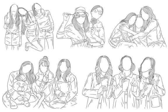 25 Set Bundle Happy Girl Women Friendship Best Friend Hand Drawn Line Art