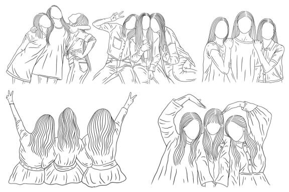 25 Set Bundle Happy Girl Women Friendship Best Friend Hand Drawn Line Art