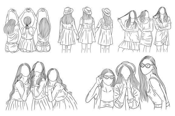 25 Set Bundle Happy Girl Women Friendship Best Friend Hand Drawn Line Art