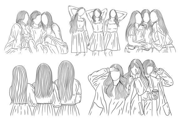 25 Set Bundle Happy Girl Women Friendship Best Friend Hand Drawn Line Art