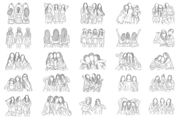 25 Set Bundle Happy Girl Women Friendship Best Friend Hand Drawn Line Art