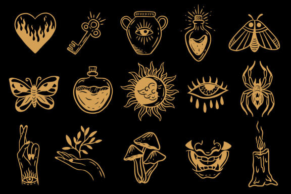 76 Magical Celestial Element Dark Holly Doodle esoteric spiritual occultism vintage boho line hand drawn