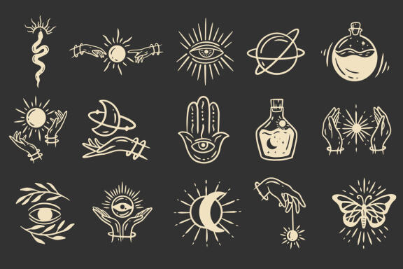 76 Magical Celestial Element Dark Holly Doodle esoteric spiritual occultism vintage boho line hand drawn