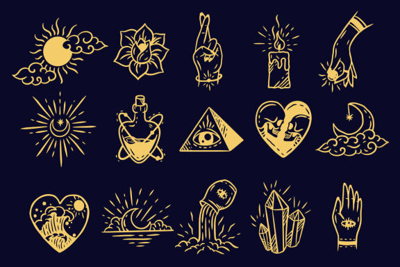 76 Magical Celestial Element Dark Holly Doodle esoteric spiritual occultism vintage boho line hand drawn
