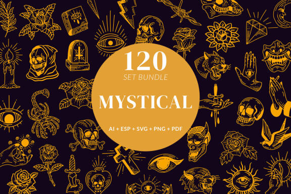 120 Set Bundle Mystical Magic Celestial Floral moon sun Hand Gesture mystic Tattoo