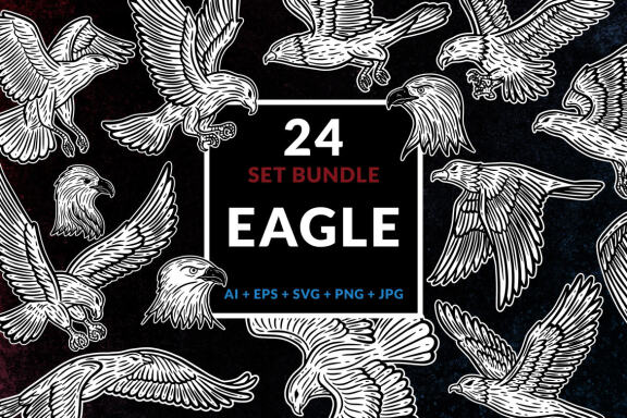 24 Set Bundle Eagle Head Bird Animal Logo Artwork Clipart Engraving Style