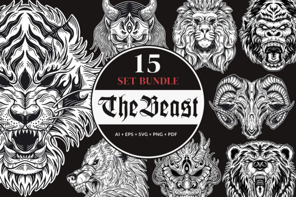 15 Set Bundle Beast Animal and Mask Dark Art Bone Horror Tattoo Beast Merchandise Clipart