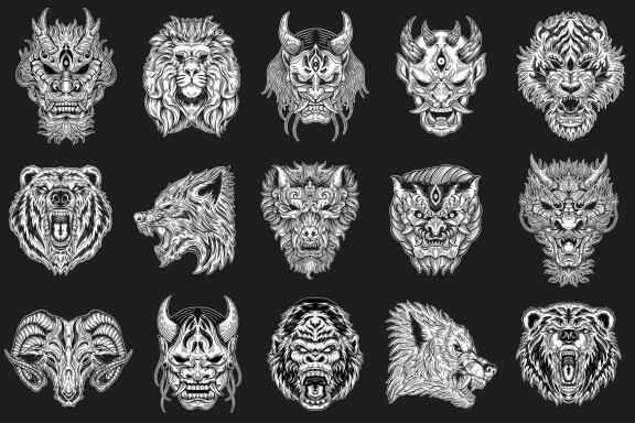 15 Set Bundle Beast Animal and Mask Dark Art Bone Horror Tattoo Beast Merchandise Clipart