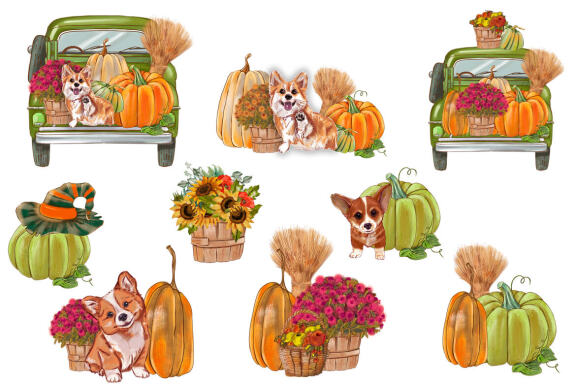 Sunflower pumpkin picking truck, Cute Dog Autumn PNG compositions
