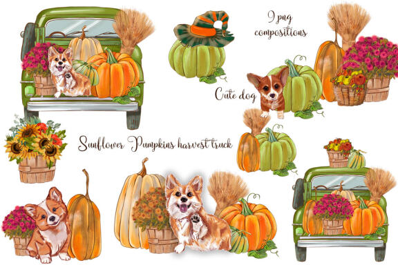 Sunflower pumpkin picking truck, Cute Dog Autumn PNG compositions