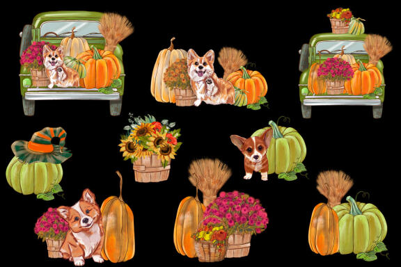 Sunflower pumpkin picking truck, Cute Dog Autumn PNG compositions
