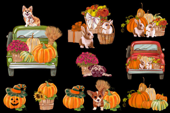 Sunflower pumpkin picker, Cute dog autumn PNG compositions