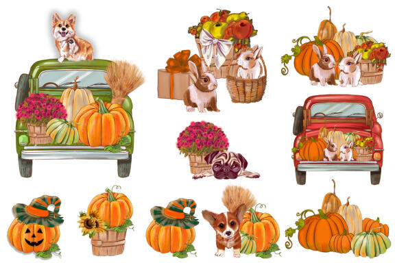 Sunflower pumpkin picker, Cute dog autumn PNG compositions