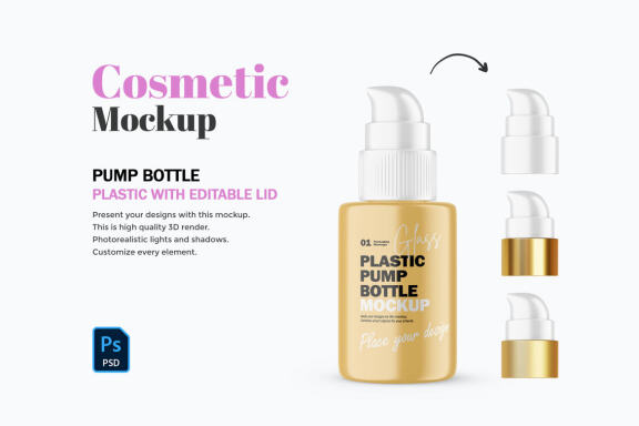 Plastic Pump Bottle With Editable Lid - Cosmetic Product Mockup