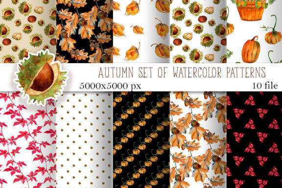Autumn plants. Autumn set of watercolor patterns