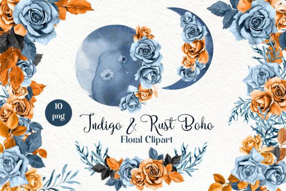 Indigo & Rust Boho Floral Clipart