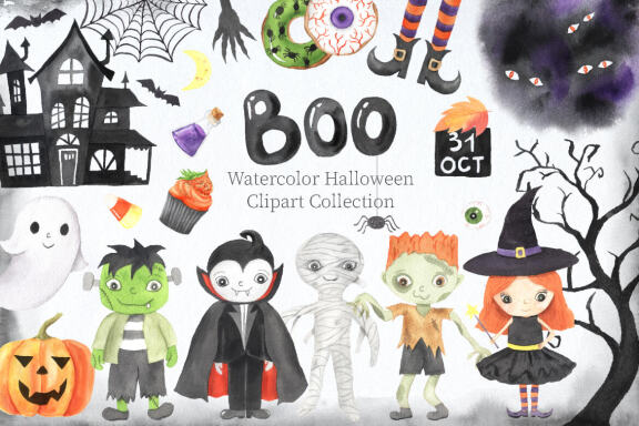 Watercolor Halloween Boo Clipart Graphic