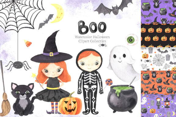 Watercolor Halloween Boo Clipart Graphic