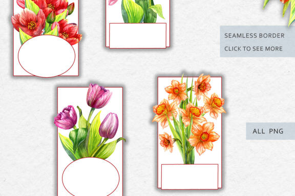 Daffodils and tulips. Watercolor set