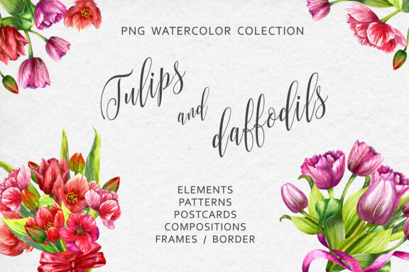 Daffodils and tulips. Watercolor set