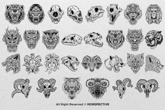 30 Skull Beast Animal Dark Artworks Design Procreate Brushes | Tattoo Stamps | Procreate Brush Stamp | Brushes Digital iPad