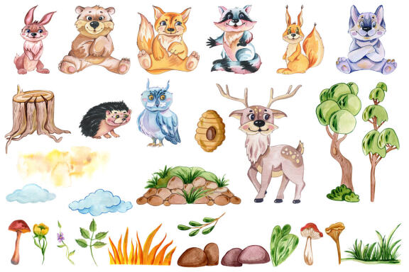 Woodland animals clipart. Forest cute baby animals clipart.