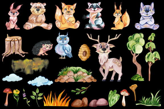 Woodland animals clipart. Forest cute baby animals clipart.