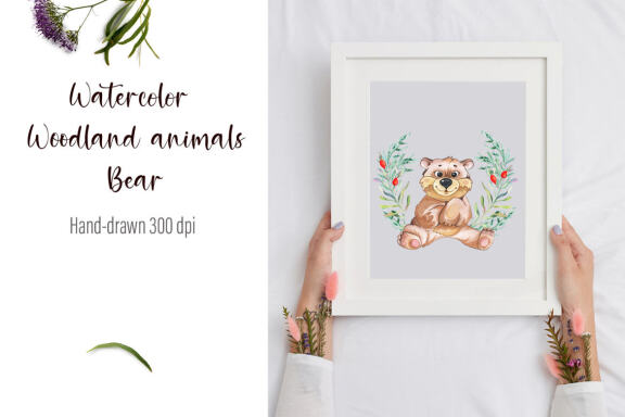 Watercolor bear and beautiful wreath PNG for sublimation