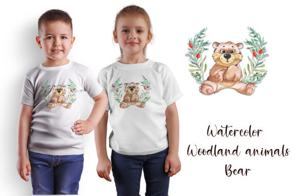 Watercolor bear and beautiful wreath PNG for sublimation