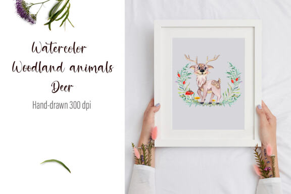 Watercolor deer and beautiful wreath PNG for sublimation