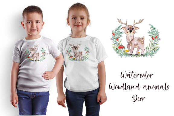 Watercolor deer and beautiful wreath PNG for sublimation