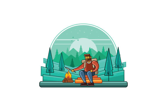 Camping Outdoor at Night Graphics Line Illustrator