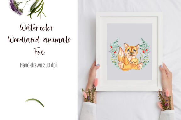 Watercolor fox and beautiful wreath PNG for sublimation