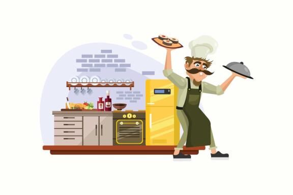 Chef Cooking in Kitchen Vector Illustration